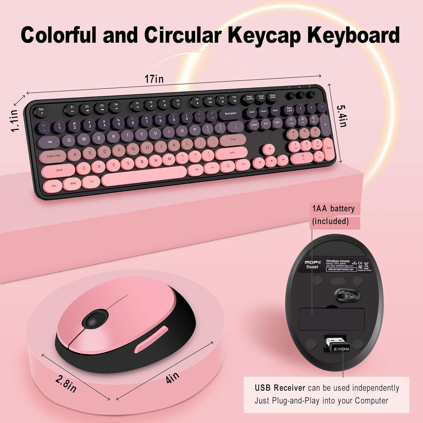 Wireless Keyboard and Mouse Combo, Cute Colorful 104 Keys Typewriter Retro Round Keycaps Keyboard for PC Laptop,Desktop,Windows, Home and Office Keyboards(Black Pink)