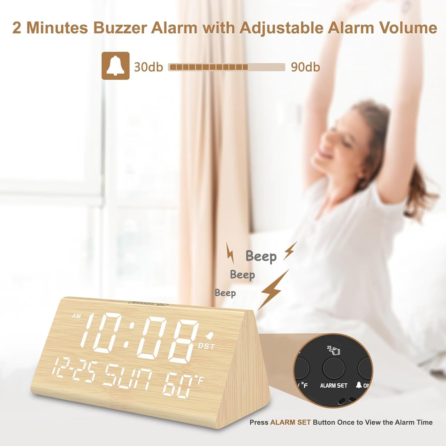 DreamSky Digital Alarm Clocks for Bedrooms - Wooden Desk Clock with Date, Day of Week, USB Port, Temperature, Dimmer for Bedside Table, Living Room, Office, Adjustable Volume, Auto DST, Wood Decor