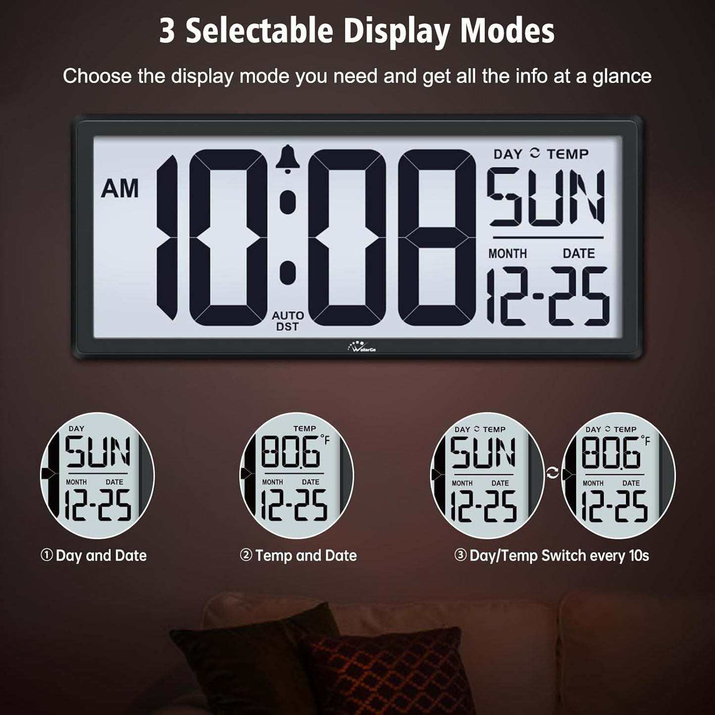 WallarGe Backlight Digital Wall Clock Battery Operated - with Temperature and Date 14.5'' Large Digital Wall Clock, Easy to Read and Set, Auto DST