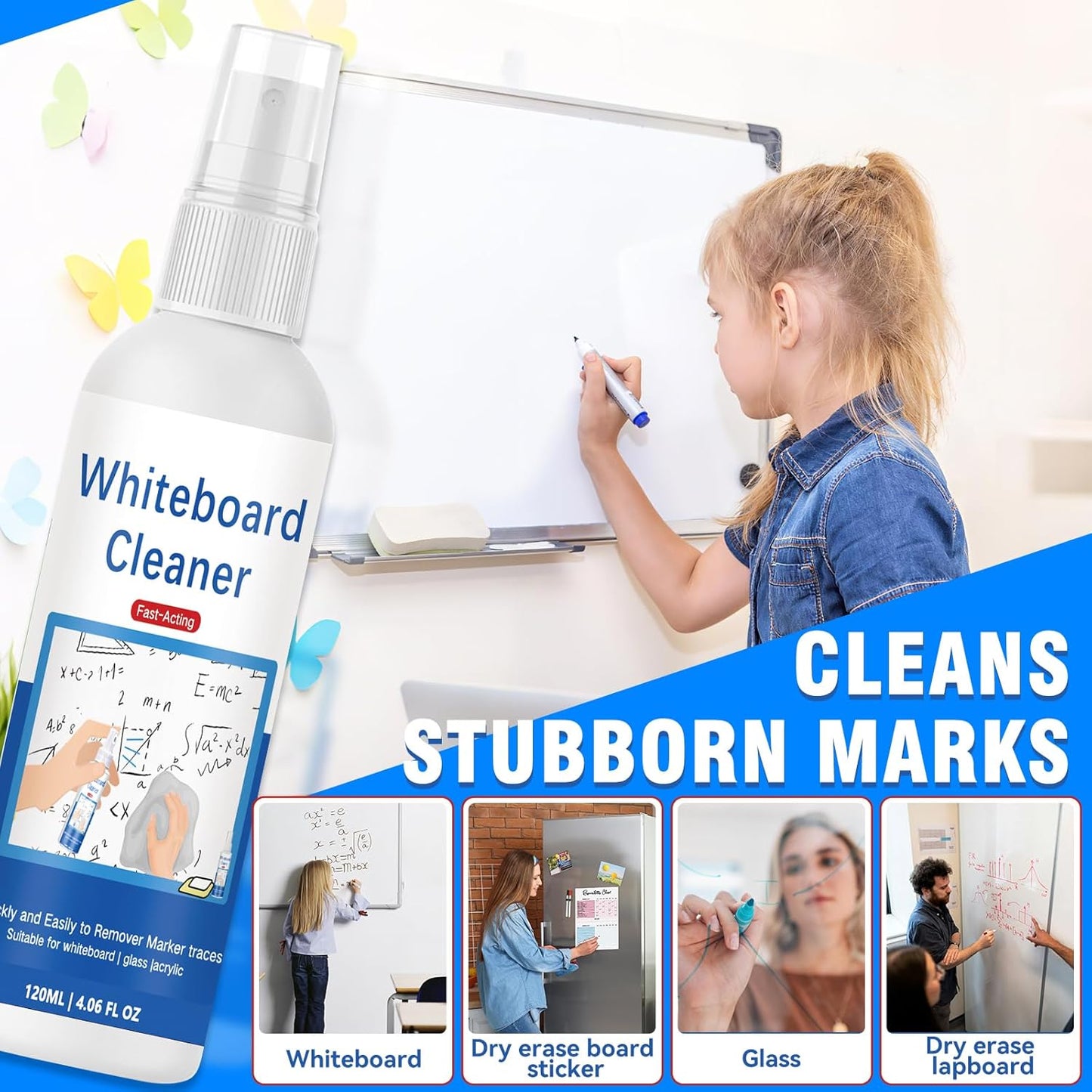 Whiteboard Cleaner, Low-Odor Dry Erase Board Cleaner with Cloth, White Board Cleaning Spray for Classroom, Home and Office Use, Removes Marks from Whiteboards, 4.06oz