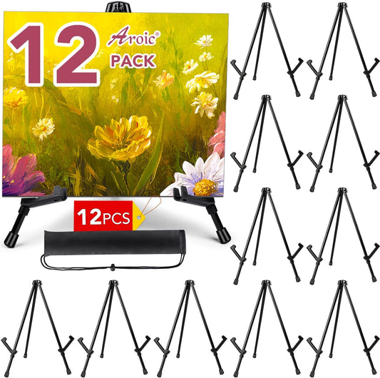 AROIC 12 Pack 14'' Tabletop Easels, Black Steel Table Top Easels for Display, Adjustable Portable Table Top Easel for Paintings, Signs, Posters,Frame Pictures(with 12 Bags)