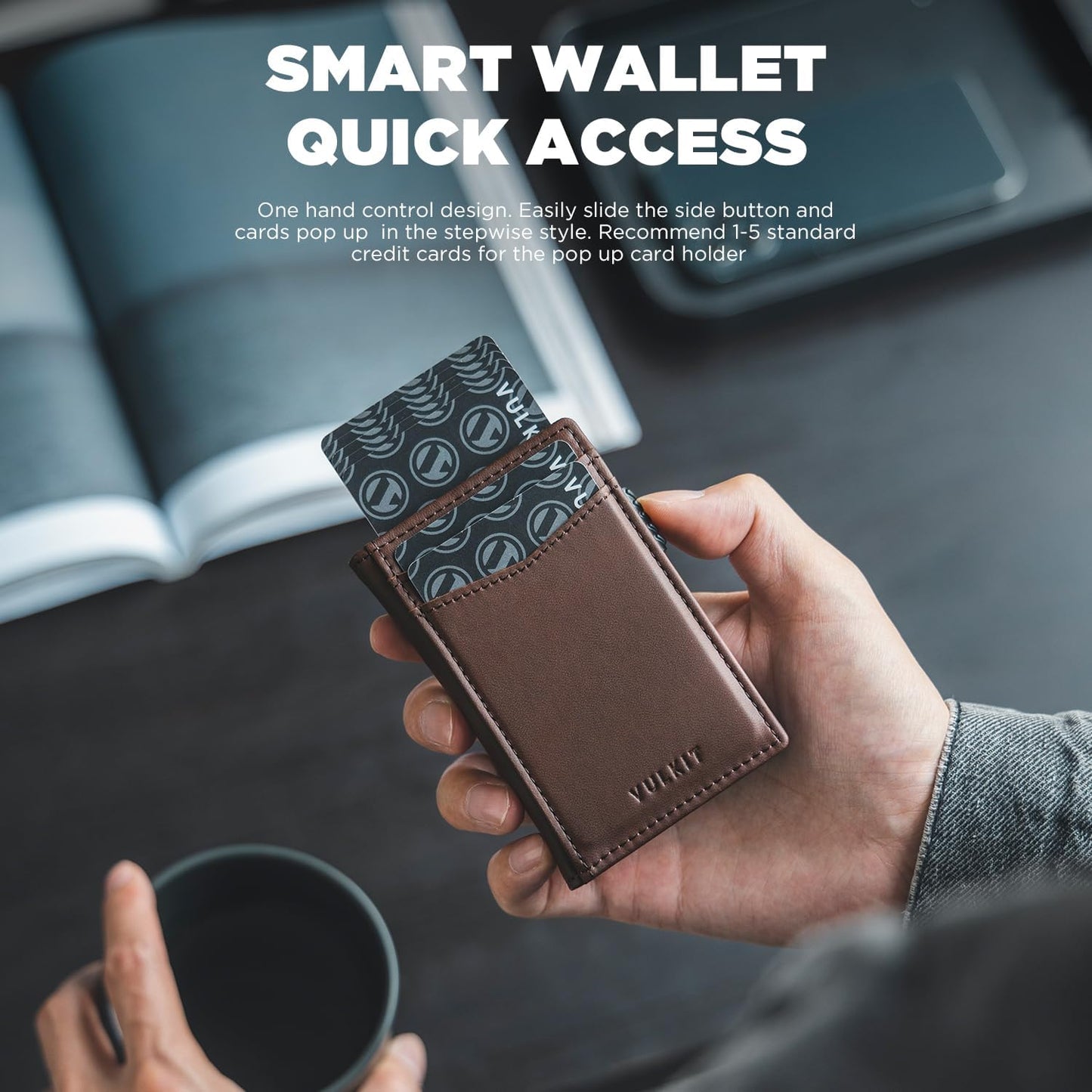 VULKIT Men's Wallet with ID Window Premium Leather Wallets RFID Blocking Minimalist Wallet Pop Up Card Holder Magnetic Closure