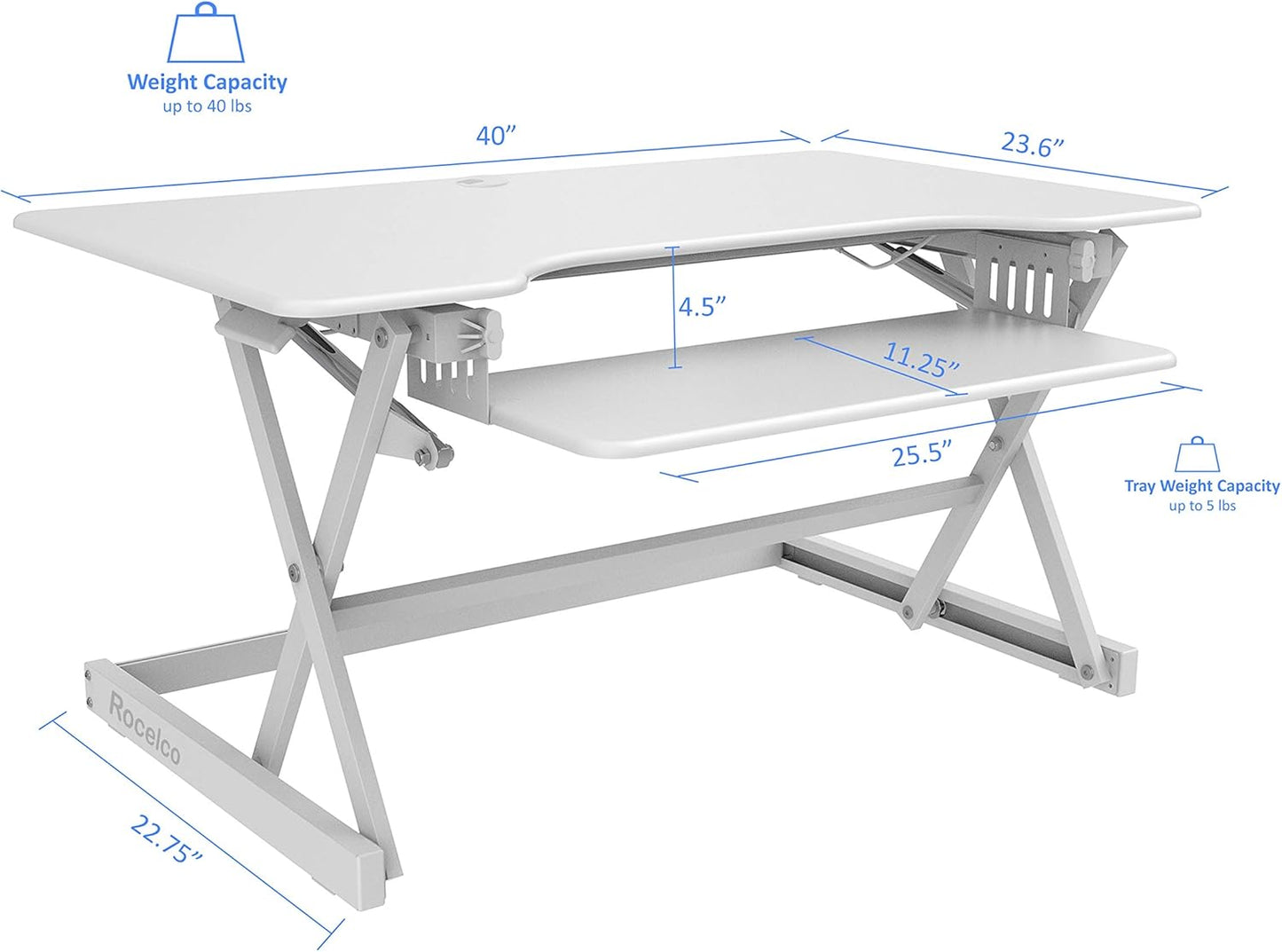 Rocelco 40" Large Height Adjustable Standing Desk Converter with Anti Fatigue Mat BUNDLE - Quick Sit Stand Up Computer Workstation Riser - Retractable Keyboard Tray - White (R DADRW-40-MAFM)