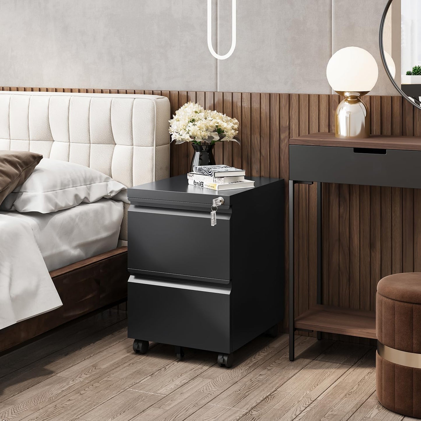 2 Drawers Vertical File Cabinet - Fully Assembled Black Under Desk Mobile Filling Cabinet Small Lockable Home Office File Cabinets for A4/Letter/Legal Size