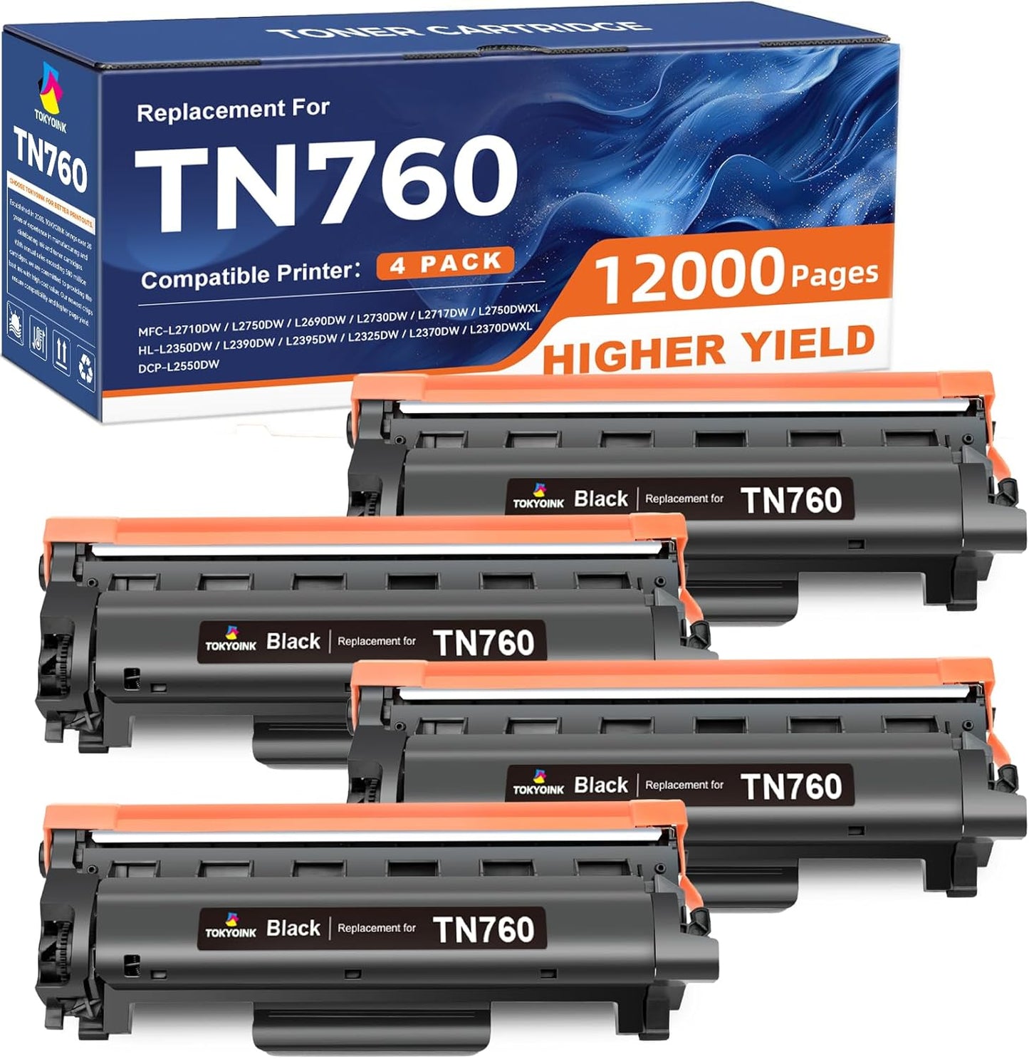 TN760 Toner Cartridge Compatible Replacement for Brother TN760 TN-760 TN730 TN-730 for MFC-L2690DW MFC-L2710DW MFC-L2750DW HL-L2370DW HL-L2395DW DCP-L2550DW HL-L2350DW Printer Toner Cartridges(4 Pack)