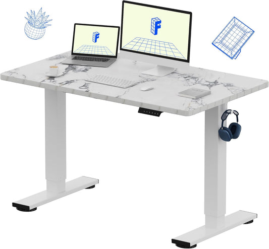 FLEXISPOT EN1 One-Piece Standing Desk 48 x 30 Inches Height Adjustable Electric Desk Sit Stand Desk Home Office Desks (White Frame + Marble Gray Top, 2 Packages)