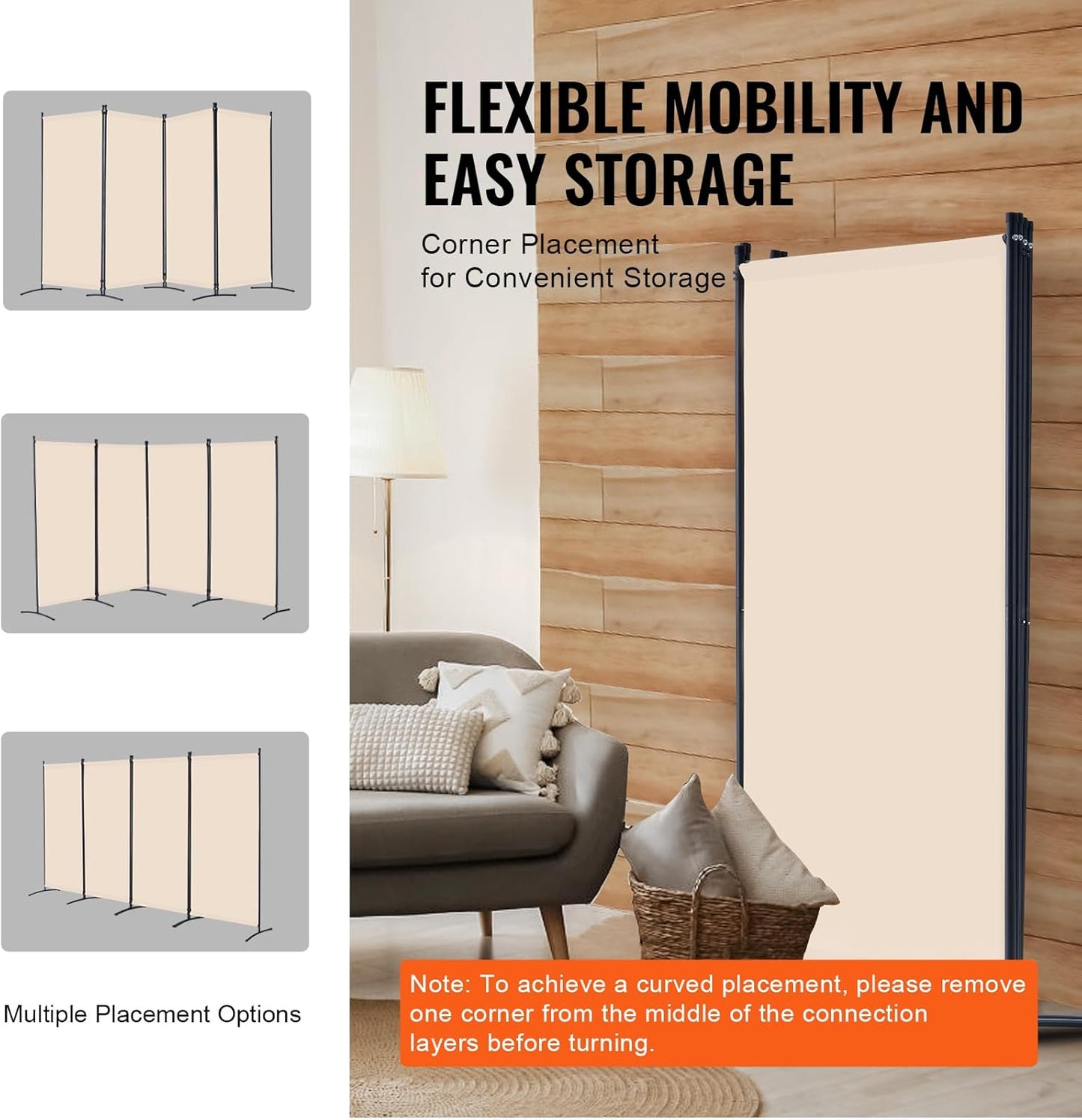 VEVOR Room Divider, 4 Panel Room Divider, Folding Privacy Screen and Portable Partition Divider for Room Separation, Freestanding Room Partitions for Office, Bedroom, Study, Beige