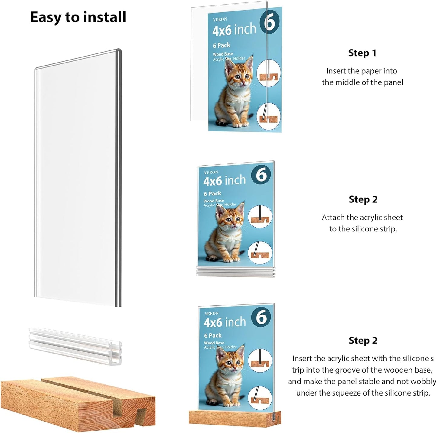 Acrylic Sign Holder with Wooden Base, Desktop Display Stand (4x6 6Pack)