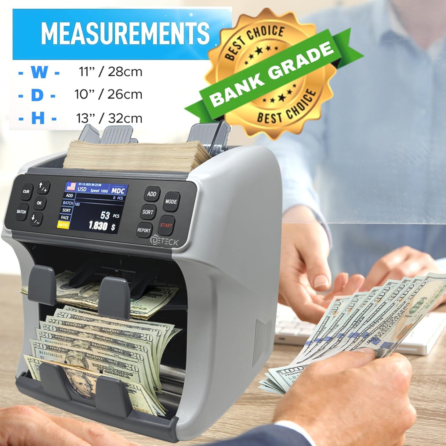 DETECK DT800 Bank Grade Mixed Denomination Money Counter with Reject Pocket, Multi Currency, Bill Counter 2CIS/UV/IR/MG/MT Counterfeit Detection, Cash Counter Serial Number, Printer Enabled