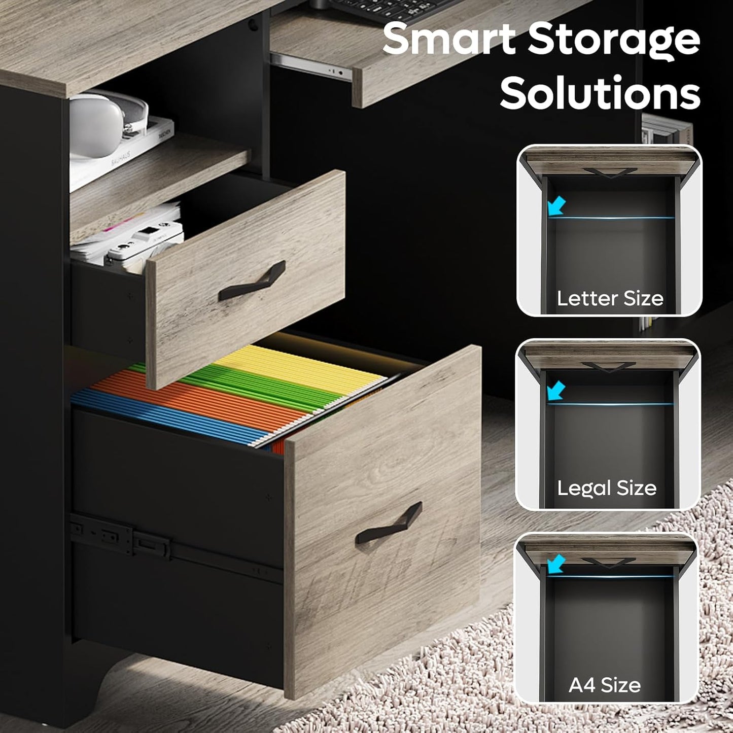 Bestier 59” Executive Desk with 2 Drawers, Computer Desk with Storage Cabinet, Industrial Wood Desk with File Drawer, Keyboard Tray & 2 Pedestals for Home Office & Studio, Gray