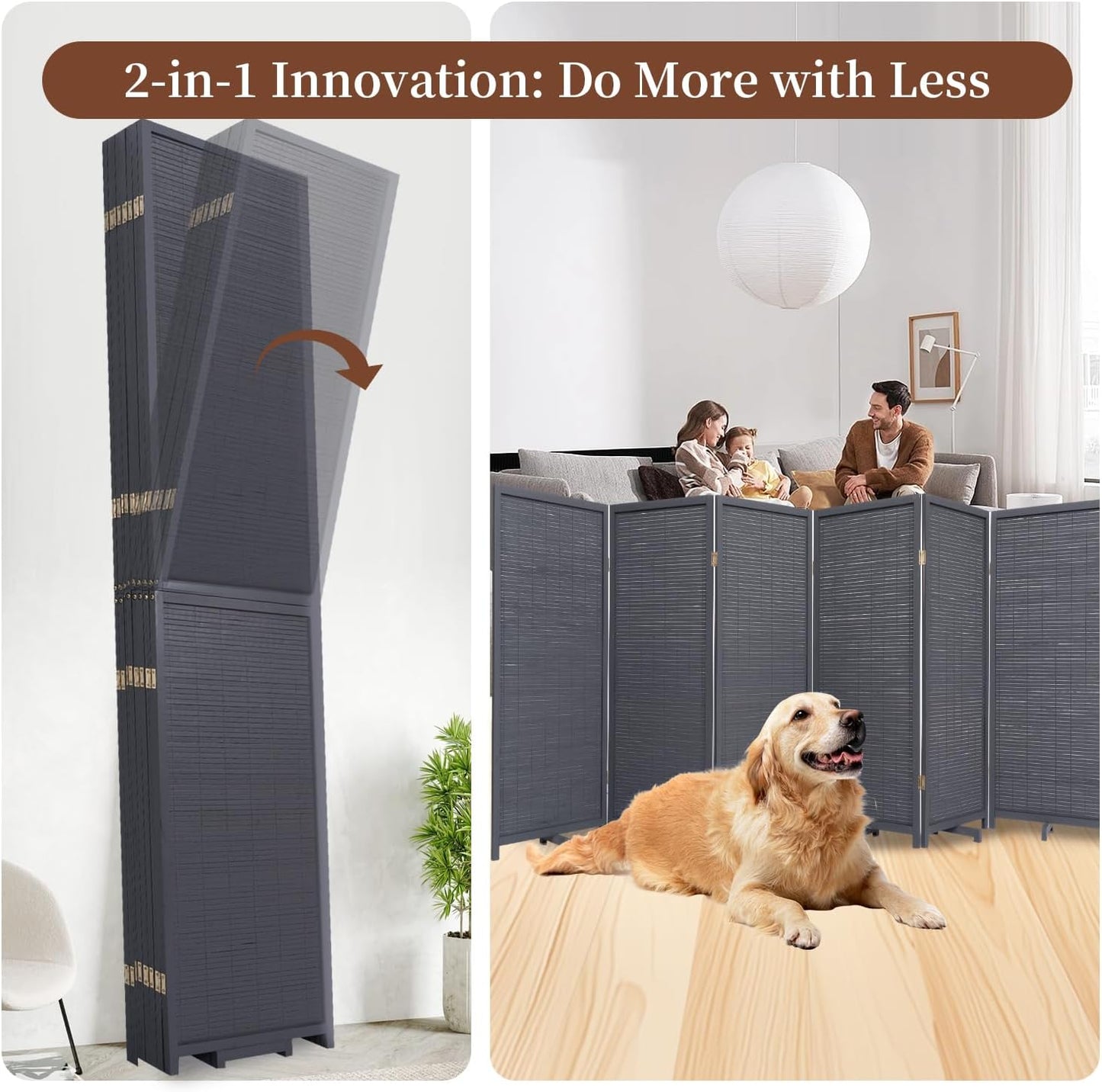 Bamboo Room Divider 8 Panel Wall Divider, 142'' W x 67'' H Folding Design with Extra Stable Base, 100% Bamboo Room Divider Screen for Room Separation, Chinese Room Partitions and Dividers Freestanding