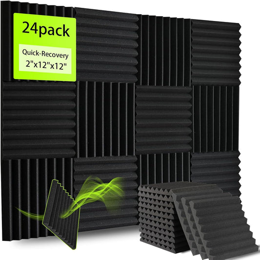 24 Pack Sound Proof Foam Panels for Walls, Thickened 2x12x12 Inches Wedges Acoustic Panels Sound Absorbing, High Density Pyramid Noise Reduction Panels
