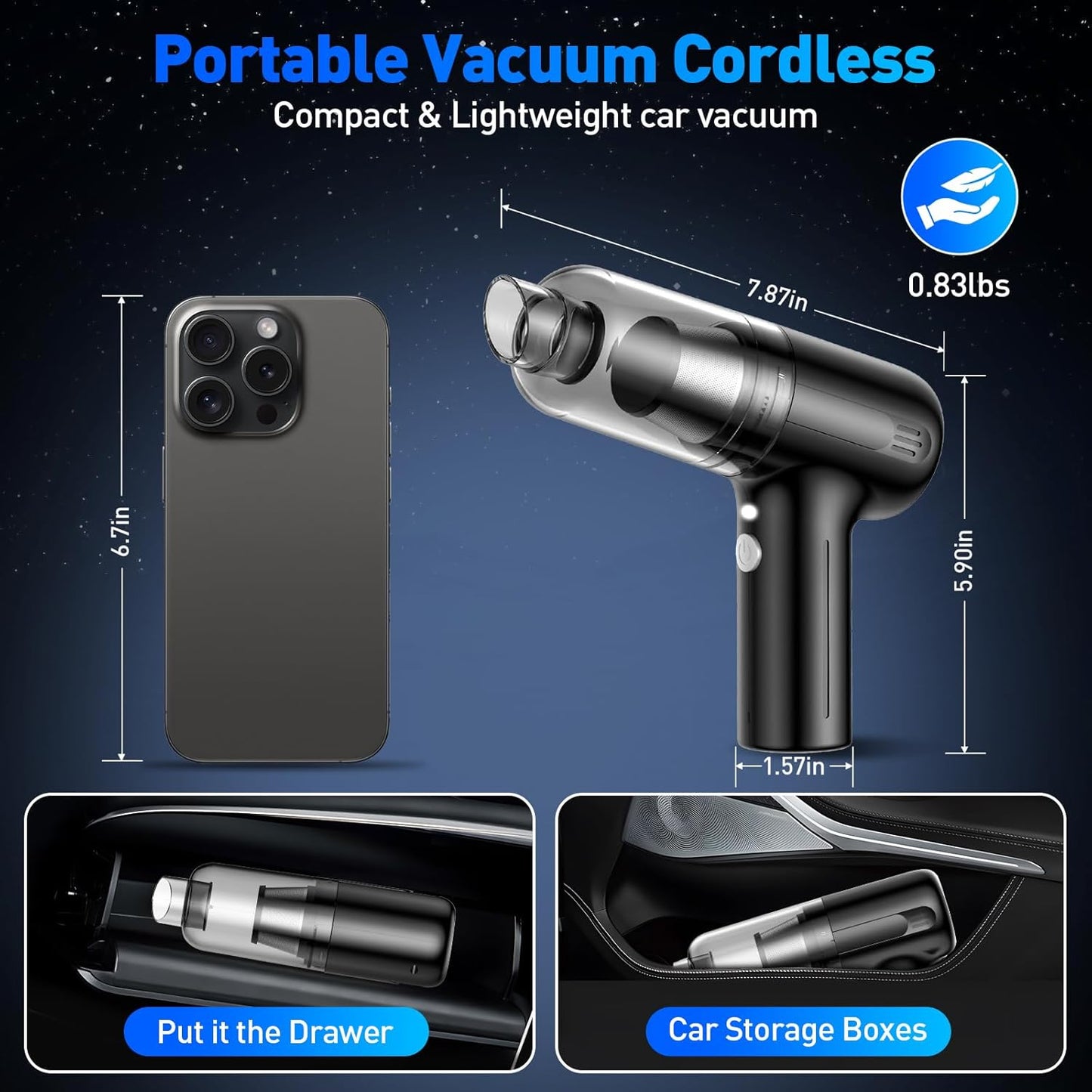 Handheld Car Vacuum Cleaner, 9000Pa Hand Held Vacuum Portable Cordless，2 in 1 Air Duster and Mini Vacuum Cleaner with LED Light, 120W High Power Small Vacuum for Car, Home, Office, Pet（Black）