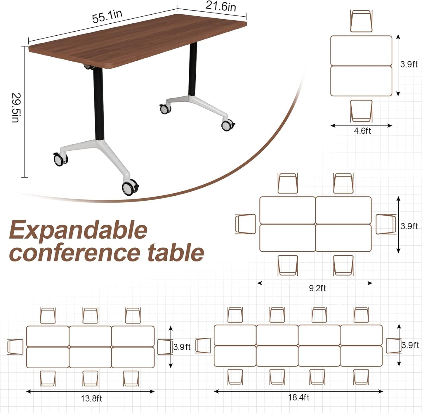 Folding Conference Table, Modern Large Conference Room Tables with Flip-Top Design, Foldable Conference Table Meeting Table with Wheels, Mobile Seminar Training Tables for Office Classroom (8, Brown)