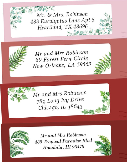 Personalized Return Address Labels Greenery - High Gloss Custom Mailing Labels on Sheets - Self-Adhesive Return Stickers for Envelopes with Crisp Printing Design (50-1000)