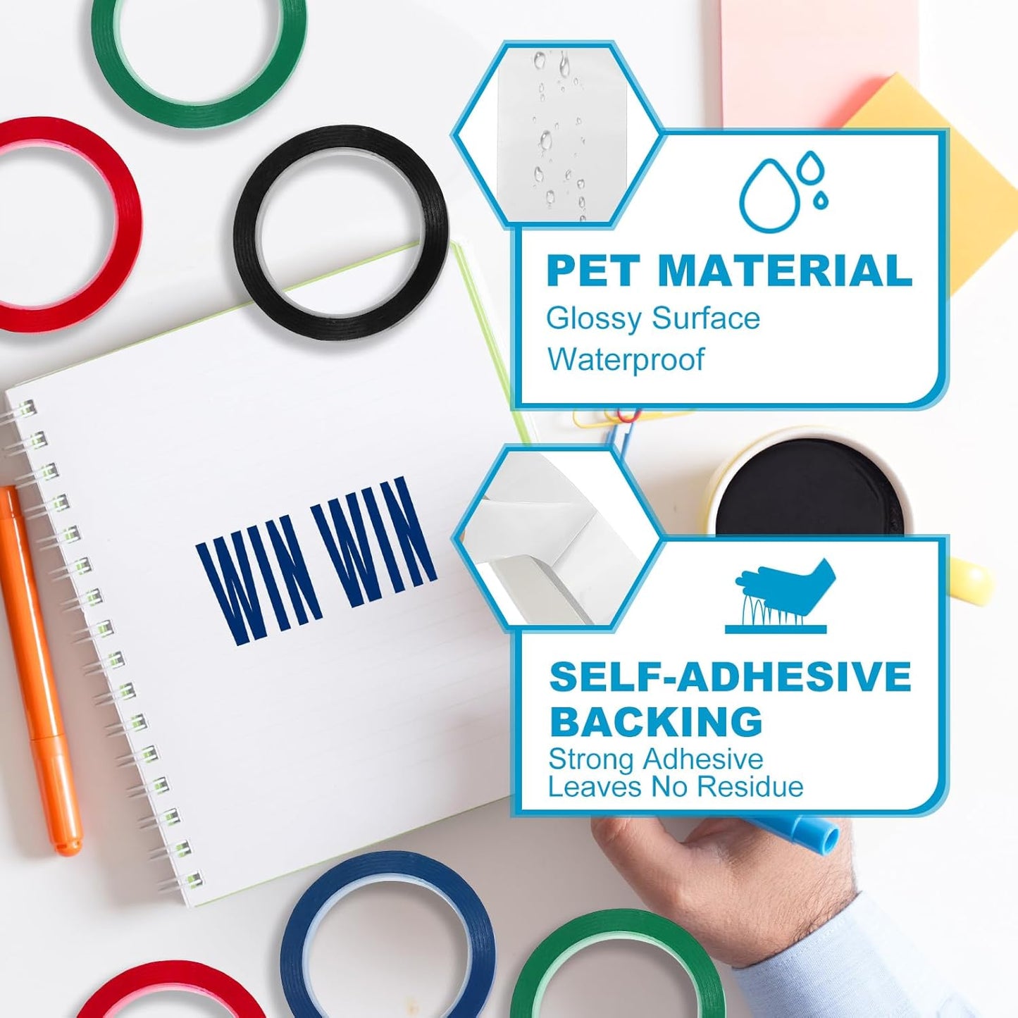 MECCANIXITY Whiteboard Tape 1/8" x 72 Yard Pinstripe Graphic Chart Line Grid Marking Tapes for Classroom Office Dry Erase Board Art, White, Pack of 3