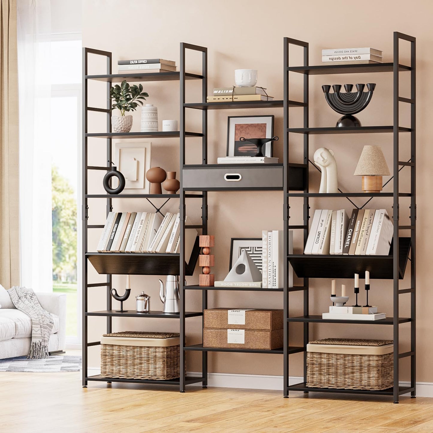 NUMENN Bookcases and Bookshelves Triple Wide 6 Tier Bookshelf, Large Etagere Bookshelf with Storage Drawer, Adjustable Open Display Shelves for Living Room Bedroom Home Office, Black