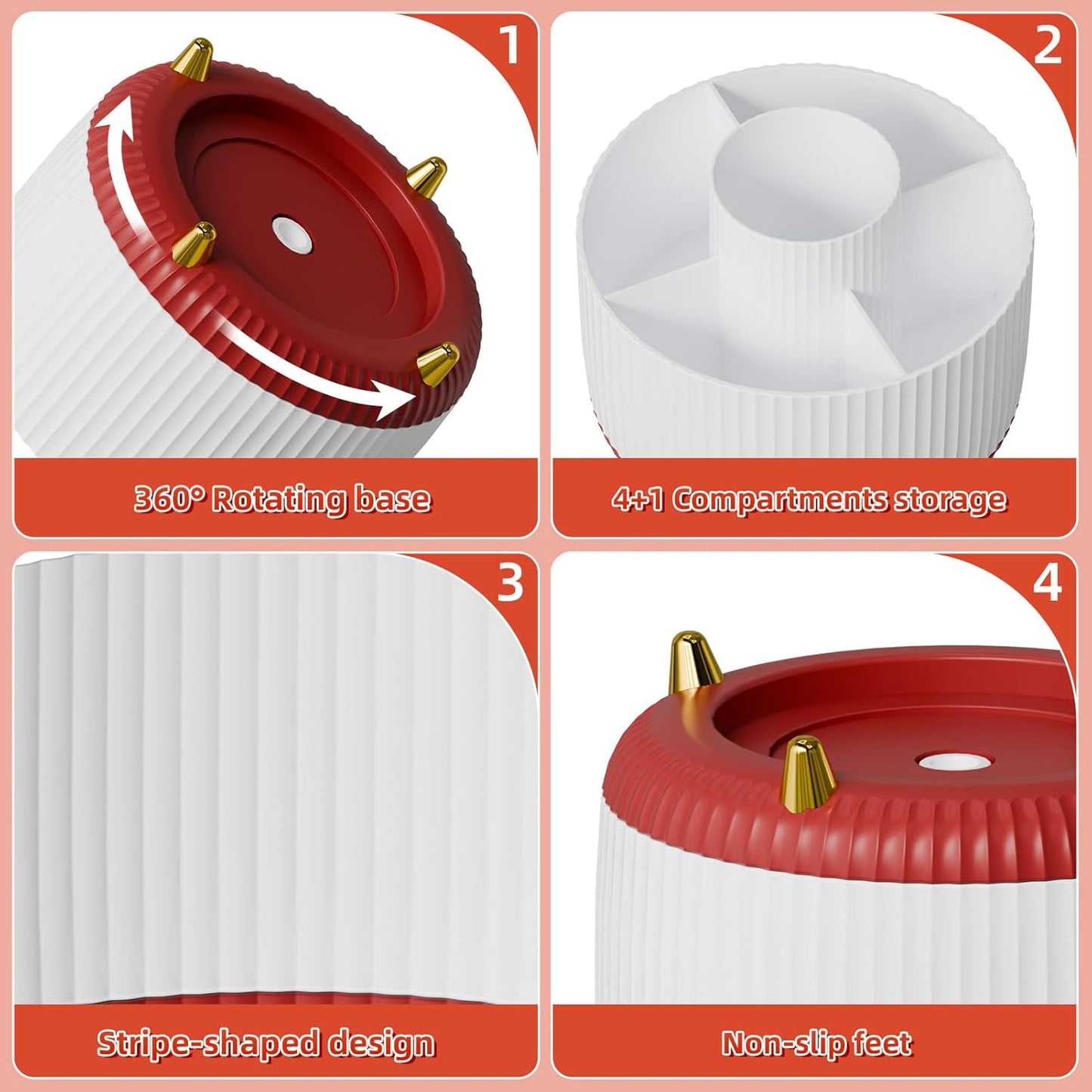 Marbrasse 360-Degree Rotating Pen Holder, Desk Organizer with 5 Compartments, Art Supply Storage Box Caddy for Office, Home (White+Red)