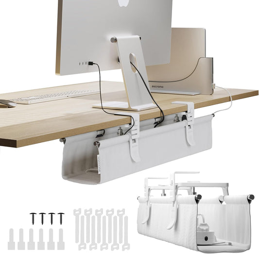 Original No Drill Under Desk Cable Management Tray 27.3" - Premium White Fabric Cable Management Under Desk - Clamp/Screw Mount Cord Organizer - Supports Upto 66lbs
