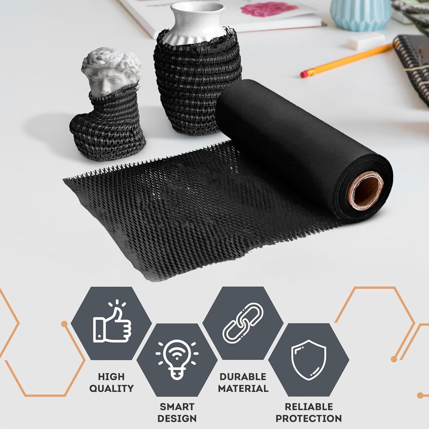 Black Honeycomb Packing Paper for Moving Breakables, 15 Inch x 100 Feet. Fragile Shipping Supplies. Perforated Packing Materials for Fragile Items. Moving Paper Wrap. Eco Friendly Packaging