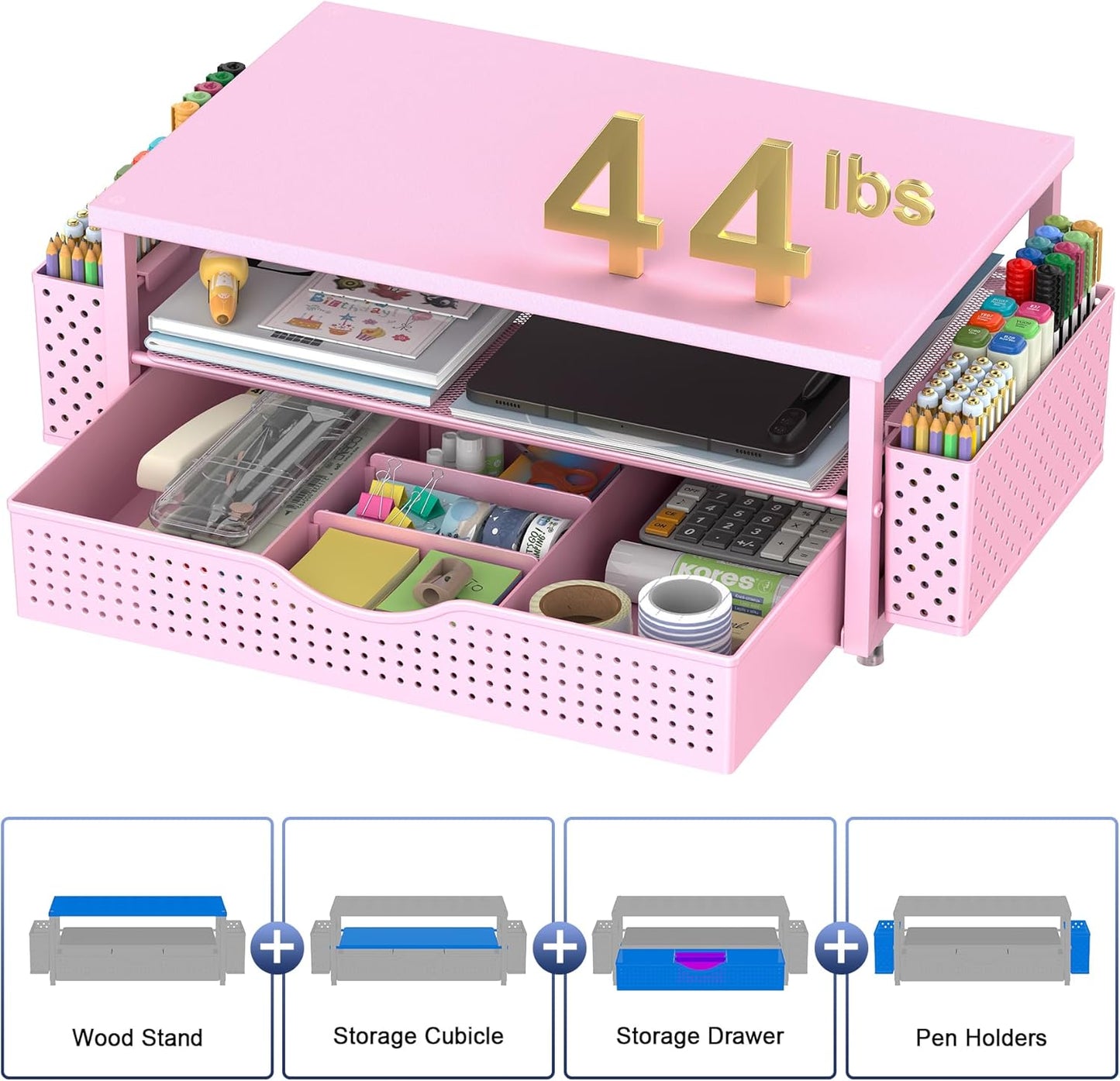 Desk Organizer and Accessories, Computer Monitor Stand Riser with Drawer and 2 Pen Holders, Office Desk Accessories & Workspace Organizers for Office Supplies (Pink)