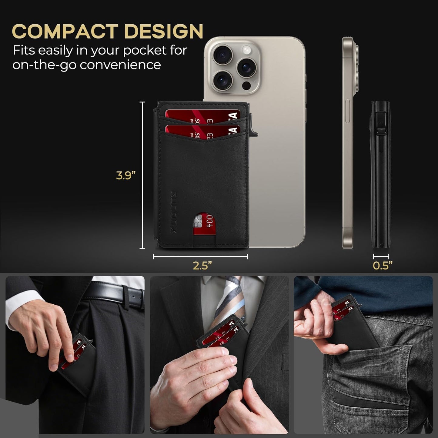 Slim Card Wallet for Men with ID Window – Minimalist RFID Wallet, Pop-Up Function, Ultra Thin Design, Metal Business Card Case Holds 8+ Cards, Gifts for Men, Men's Accessories