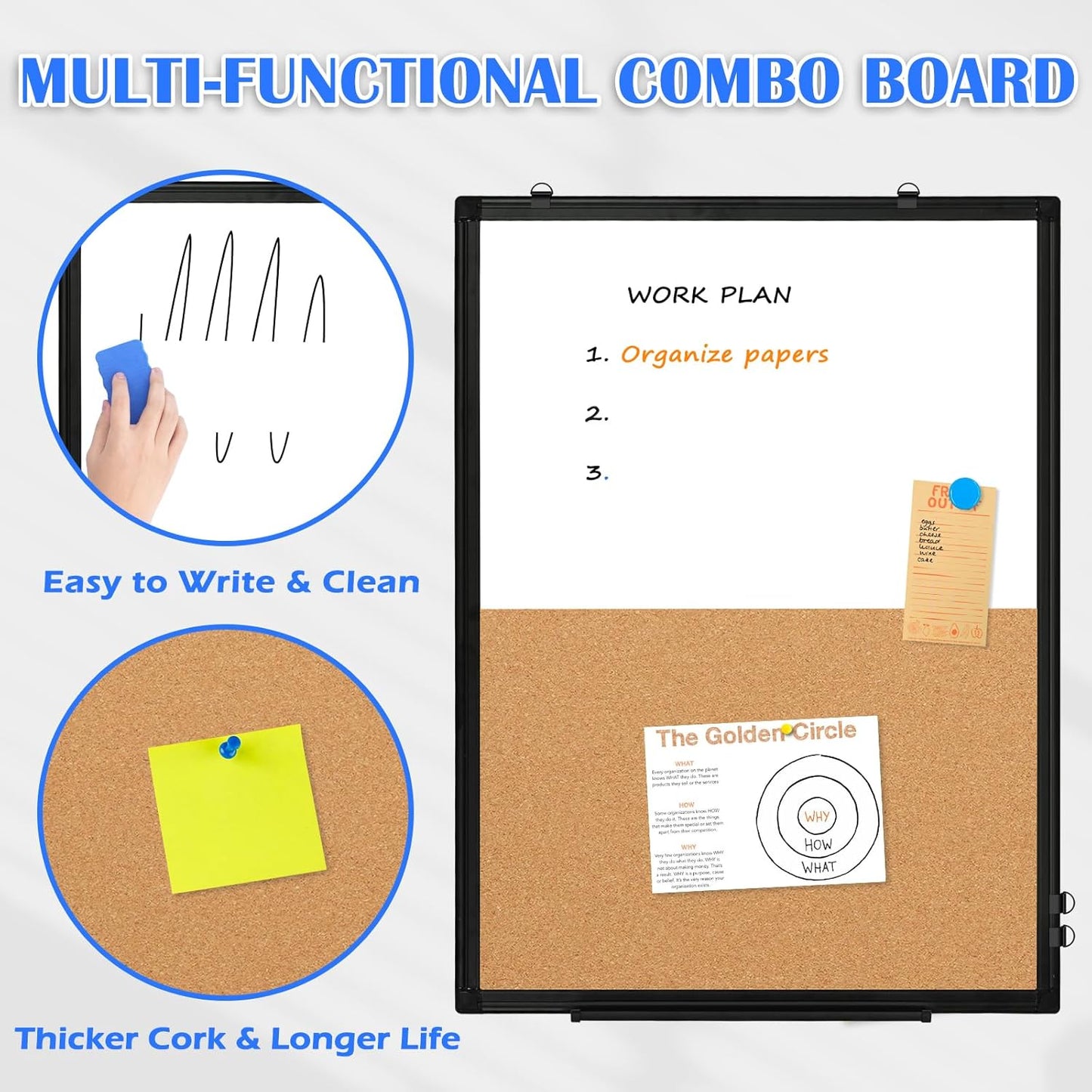 [24" x 36"] WALGLASS Dry Erase and Bulletin Boards Combo, Magnetic White Board Cork Board for Wall, Whiteboard & Corkboard Combination with Aluminum Frame, for Home, Classroom, Office