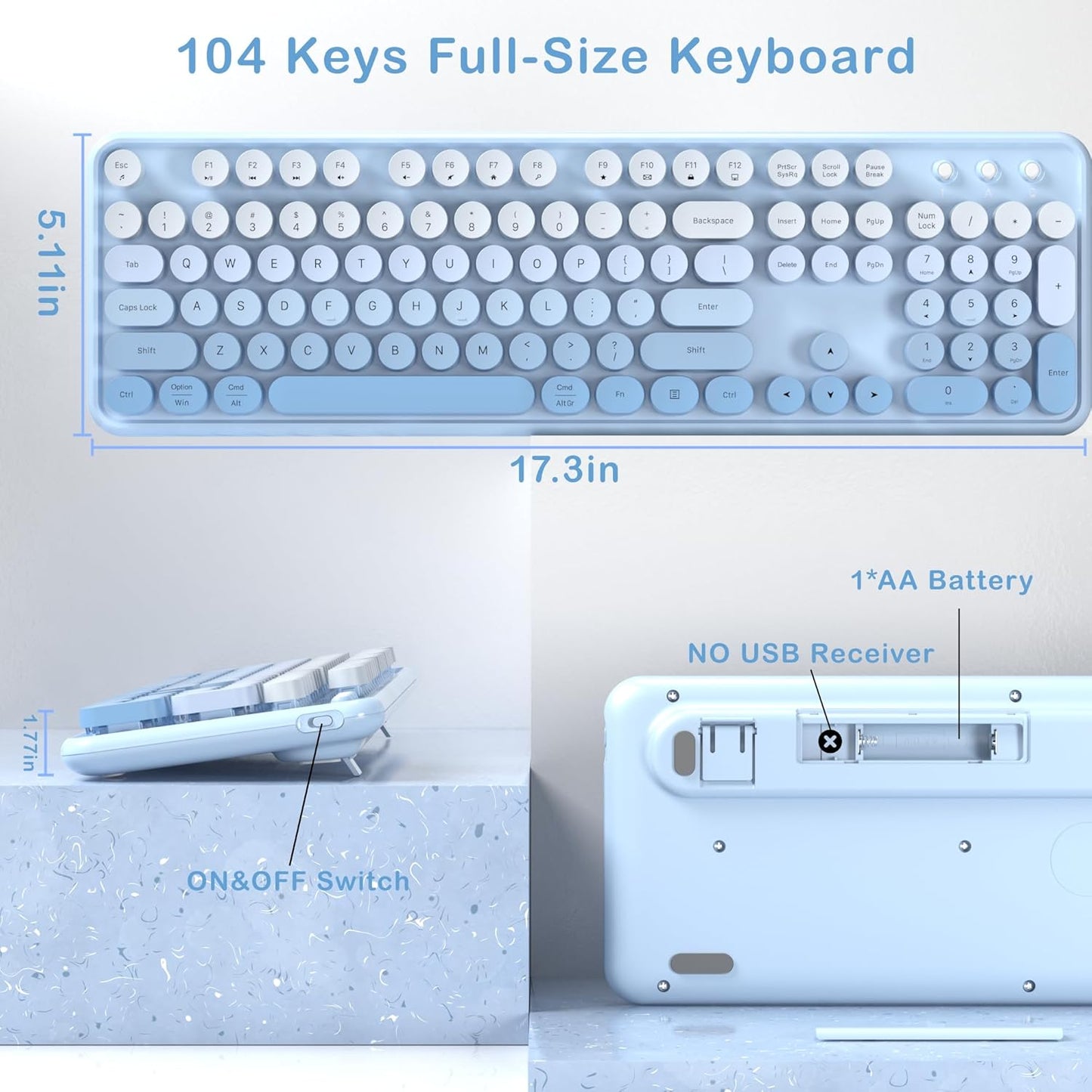Colorful Wireless Keyboard and Mouse Combo, COVEVA 2.4GHz Wireless Retro Cute Round Keycaps Keyboard, 104 Keys Full-Sized Keyboard Mouse Set with Switch Button for PC Laptop Desktop (Blue Gradient)