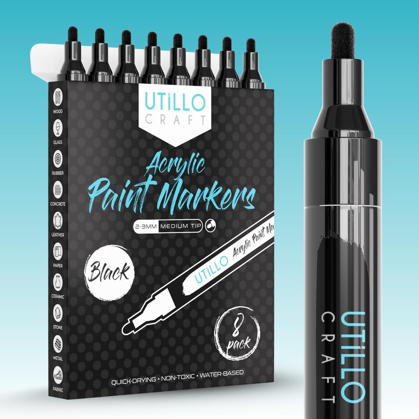 Black Paint Pen (8-Pack) Medium Tip Made in Japan | Bold Color+100% Coverage | For Rock, Wood, Glass, Paper, Fabric, Canvas, Metal and More! | 2-3mm Black Paint Pens | Black Acrylic Paint Pens