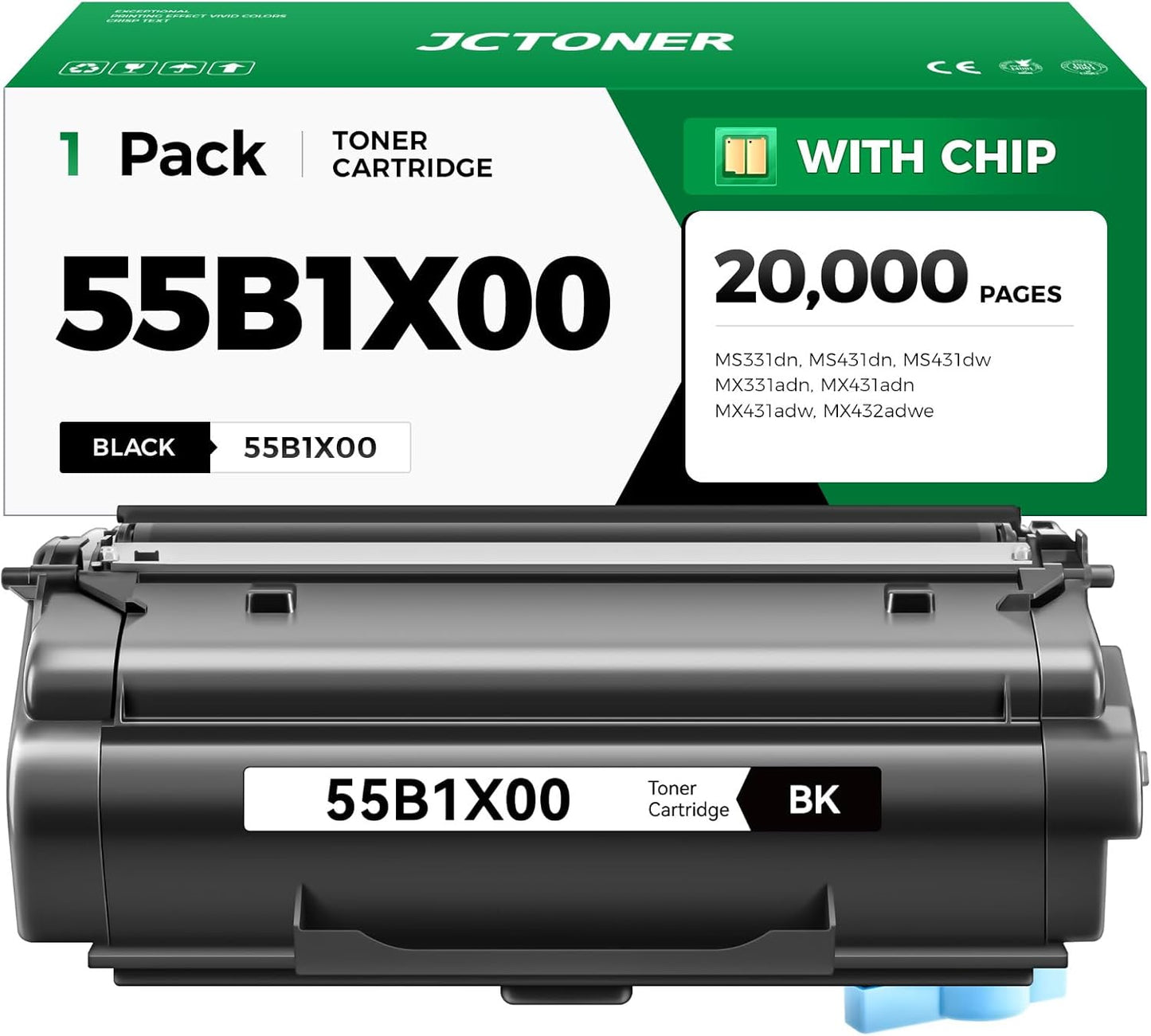 55B1X00 Black Toner Cartridge Extra High Yield with Chip 1Pack Compatible Replacement for Lexmark MS331dn MS431dn MS431dw MX331adn MX431adn MX431adw MX432adwe MS331 MS431 MX331 MX431 Laser Printer Ink