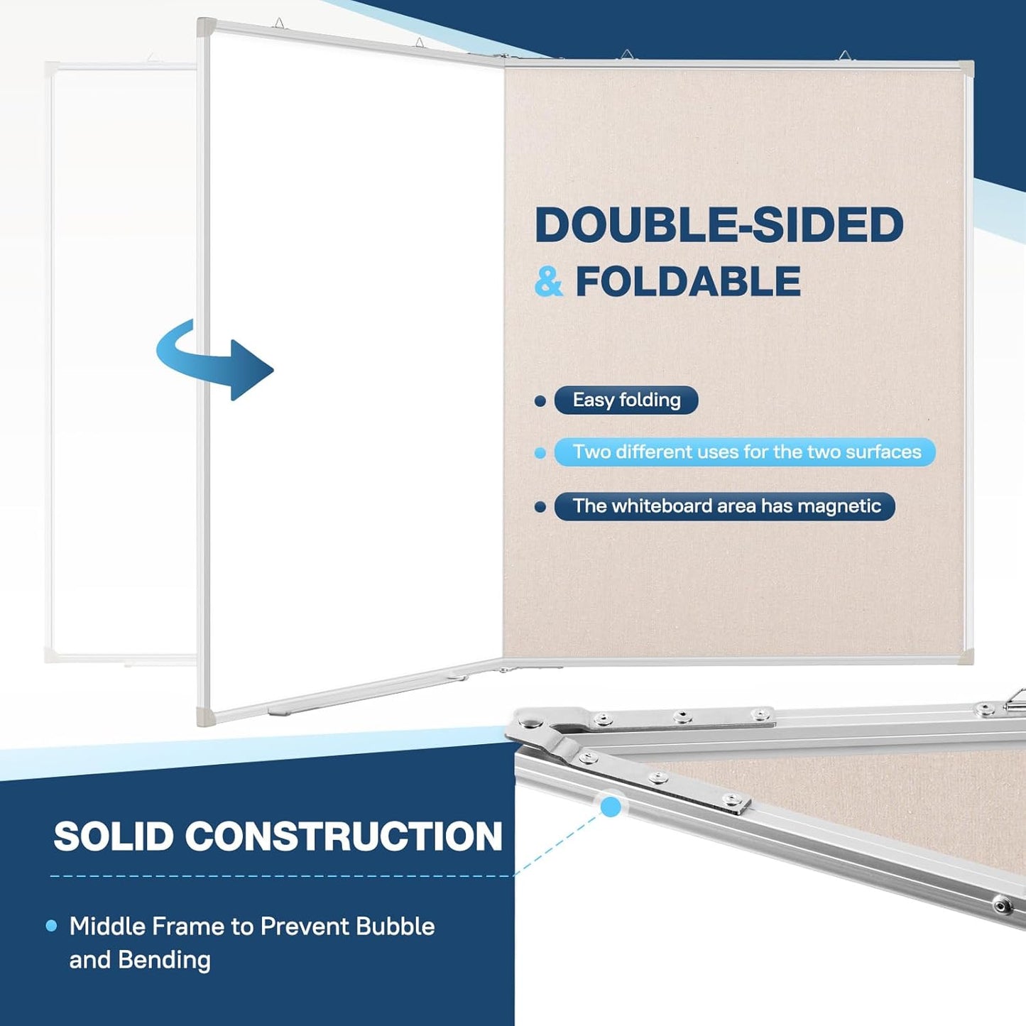 Large White Board Dry Erase Foldable Bulletin Board Combo, 60" x 40" Double Sided Dry Erase Board for Wall, Magnetic Whiteboard Bulletin Board with Linen for Office, Home, School, Kitchen -White