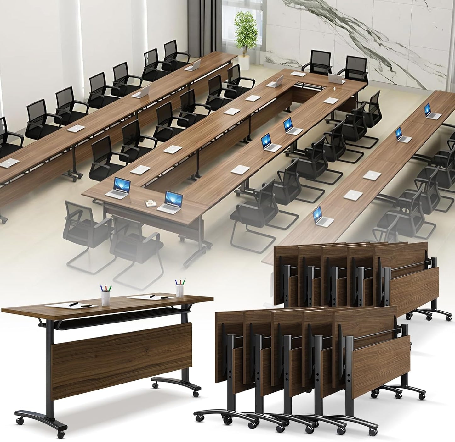 Folding Conference Room Table, Modern Conference Tables with Wheels, Large Rectangular Mobile Training Tables for Office Classroom, Foldable Modular Boardroom Seminar Table Walnut (10pack L55.1in)