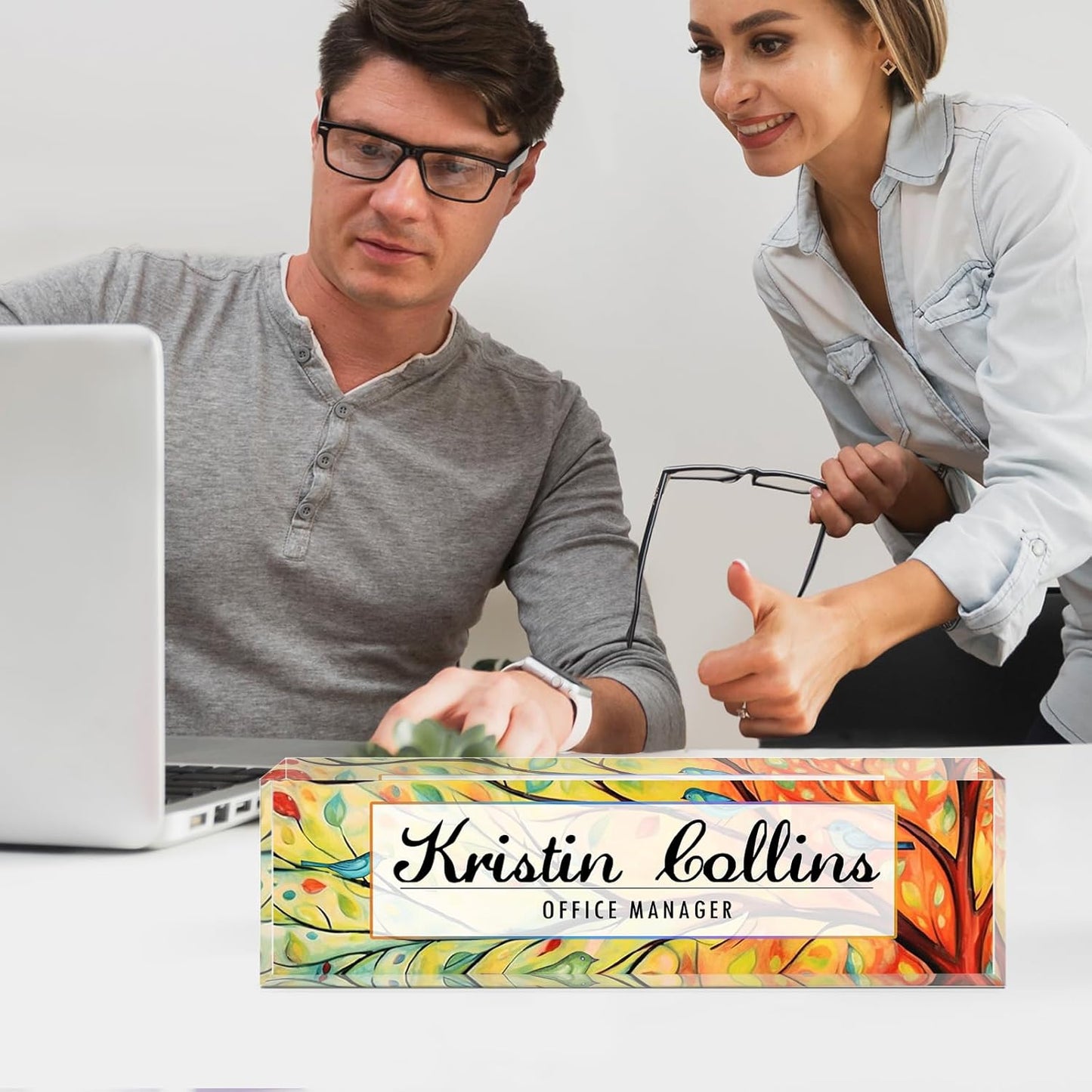 Custom Name Plate for Desk, Acrylic Office Decor For Women Men, Personalized Office Desk Accessories, Teacher Employee Appreciation Gifts For Social Worker Boss Coworkers (Birds)