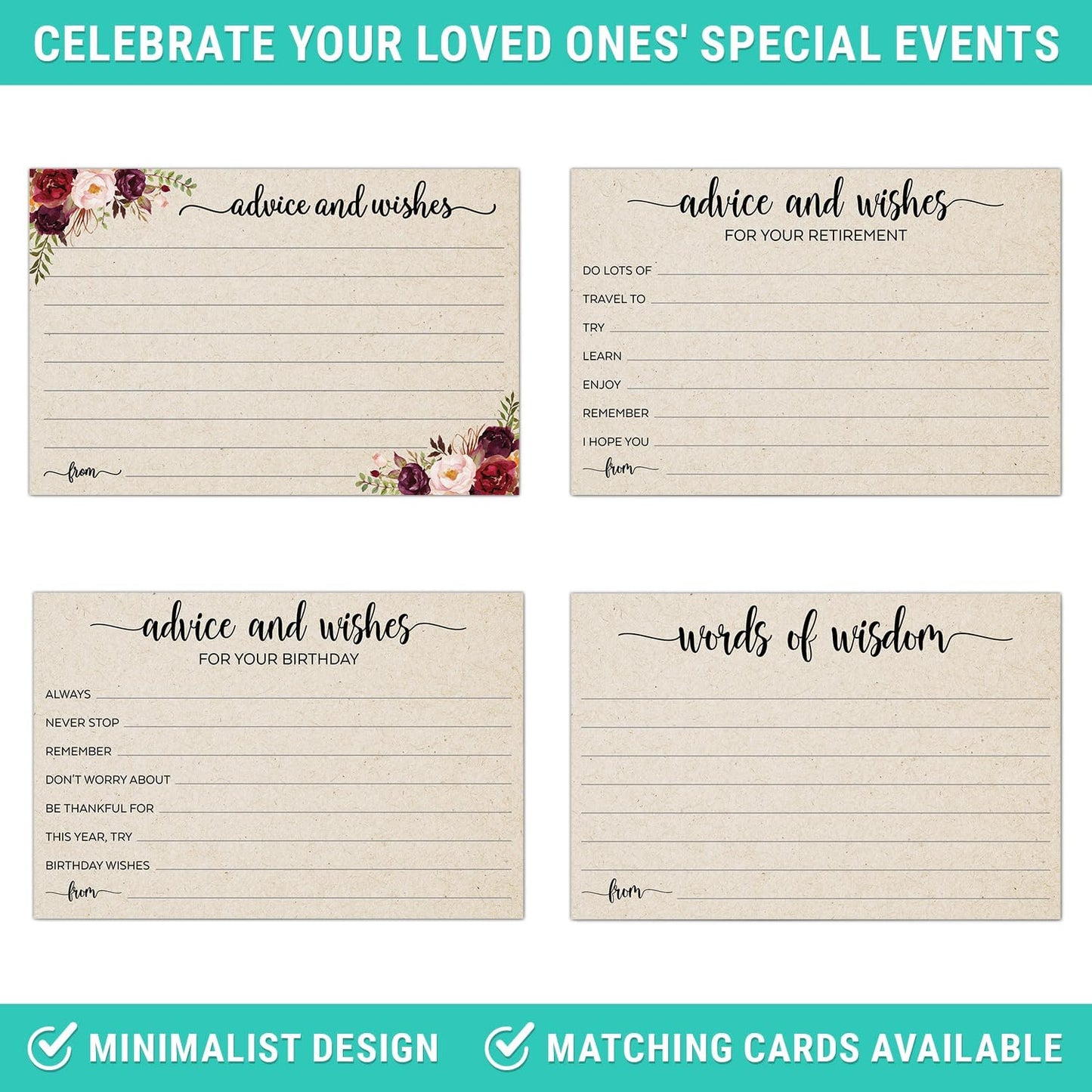 321Done Advice and Wishes Cards, Made in USA - 4x6 Kraft Tan, Blank Well Wishes for Wedding, Bridal, Mr and Mrs, Retirement, Baby Shower, Words of Wisdom - Pack of 50