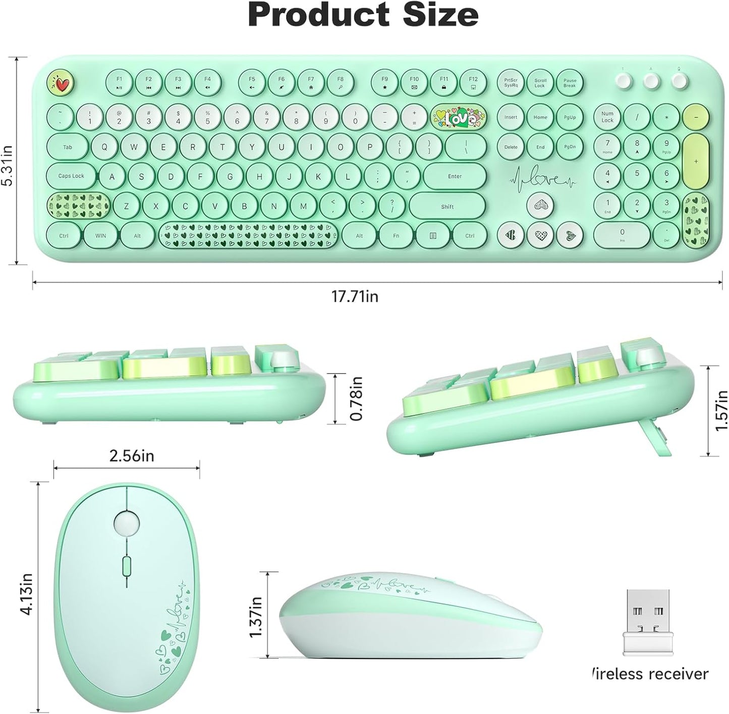 MOFII Wireless Keyboard and Mouse Combo, Cute Full Size Retro Typewriter Keyboard and Wireless Mouse, 2.4GHz Set for PC/Desktop/Laptop/Windows (Green Colorful)