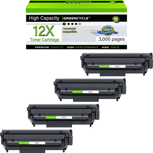greencycle Q2612X (3000pages) 12A q2612A High Yield Toner Replacement Compatible for HP 12X Black Toner Cartridge Laserjet 1018 1020 1022 3015 3050 3055 M1319F Printer Ink Cartridge (4PCS)