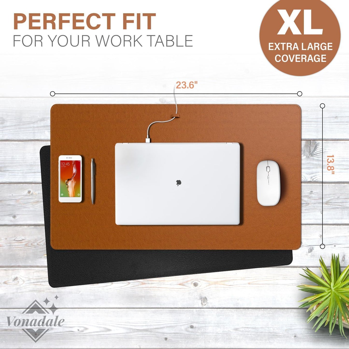 Leather Desk Mat Protector, Office Desk Pad Cable Organizer, Large Mouse Pad, Non-Slip PU Leather Desk Blotter, Laptop Desk Mat Pad, Waterproof Desk Matt Desktop (Brown 13.8" x 23.6")