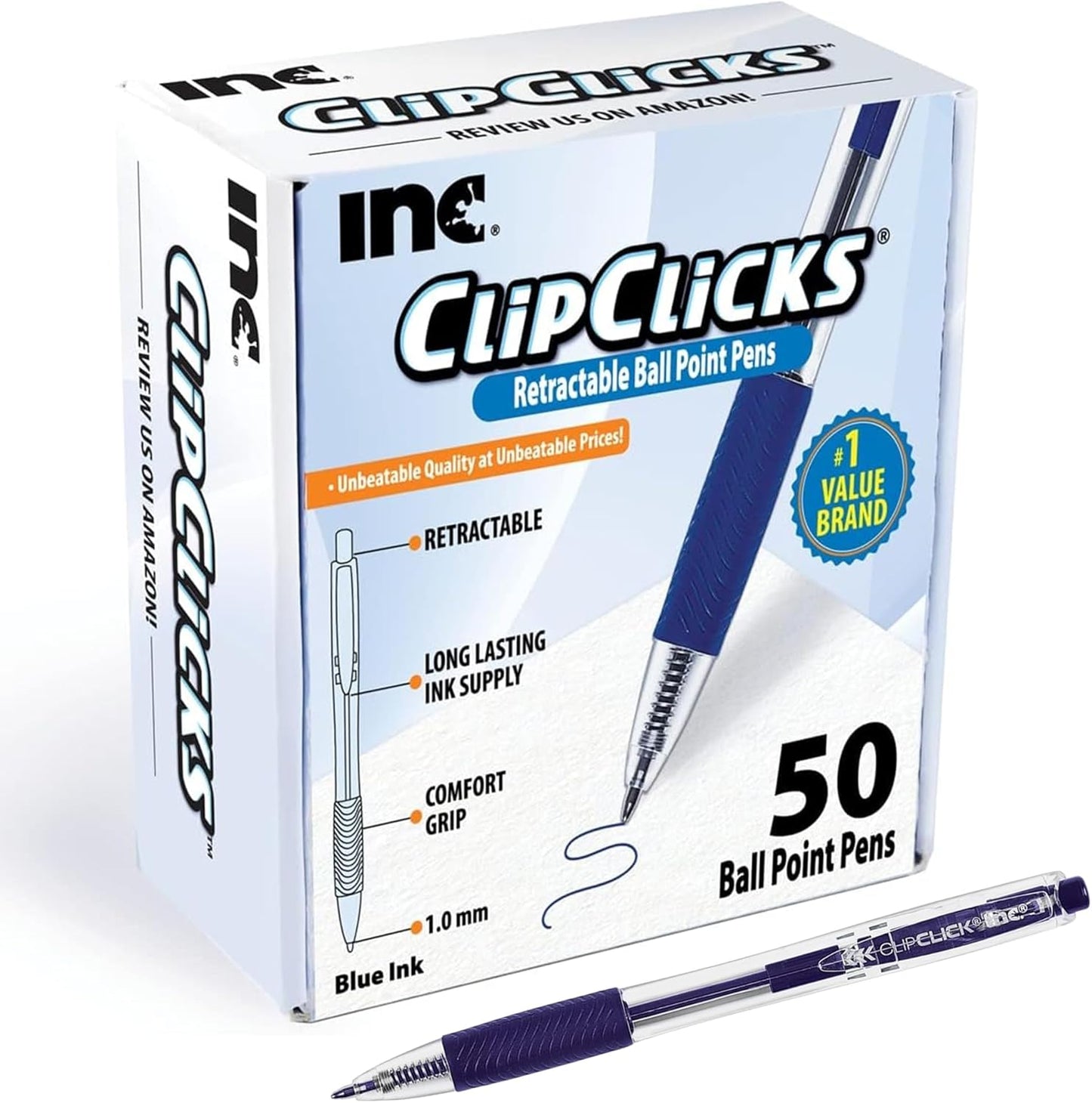 Inc. ClipClicks Retractable Ballpoint Pens - Bulk 1.0-mm Medium-Point Pen Set With Comfort Grip for School, Office, Writing, and Journaling, 50 Count, Blue