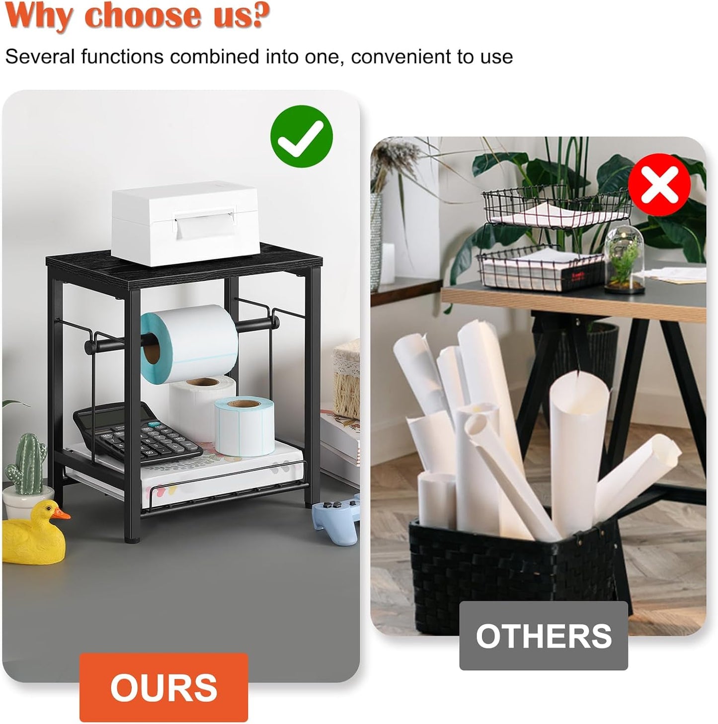 Label Holder for Rolls and Fan-Fold Labels, Wooden Thermal Printer Sticker Stand Shipping Label Holder with Basket, Black Label Roll Holder Dispenser for Home, Office, Small Business