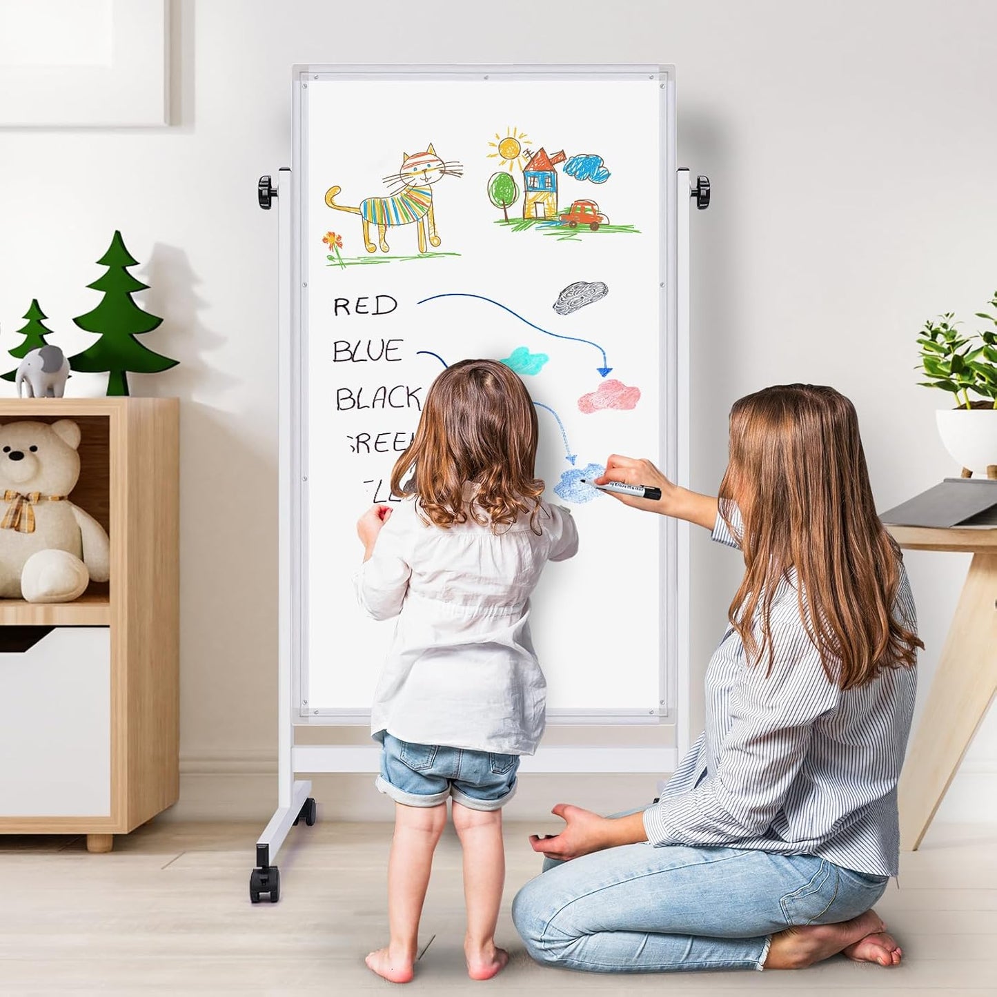 maxtek Rolling White Board, 48 x 24 Height Adjustable Whiteboard on Wheels, Large Magnetic Standing Mobile Easel Board, Double-Sided with Stand for Office, Home, and Classroom