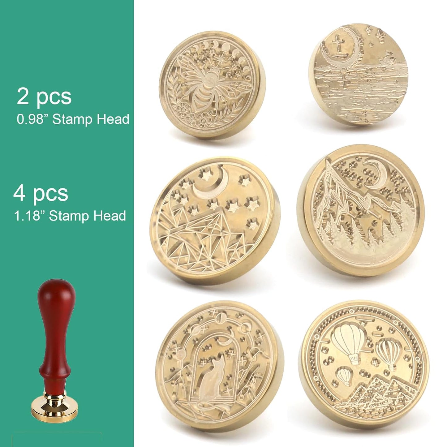 Wax Seal Stamp Kit, 6 Pcs Wax Seal Stamp Head 1 Wooden Hilt Letter Wax Seal Kit, Sealing Wax Stamp Seal Set Include Bee/Cat/Mountain/Sea/Moon Envelope Sealing Wax Stamps for Wedding Invitation