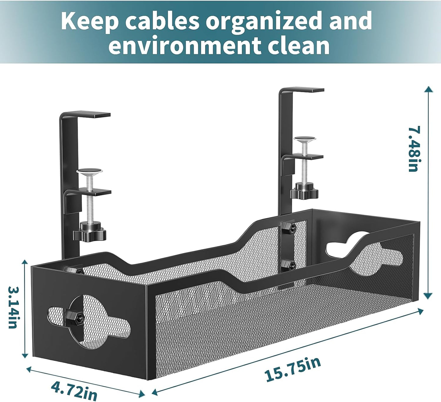 Under Desk Cable Management Tray Black, Litwaro Cable Management Under Desk No Drill, Cable Organizer with Clamp for Wire Management, Cord Organizer No Damage to Desk for Office, Home