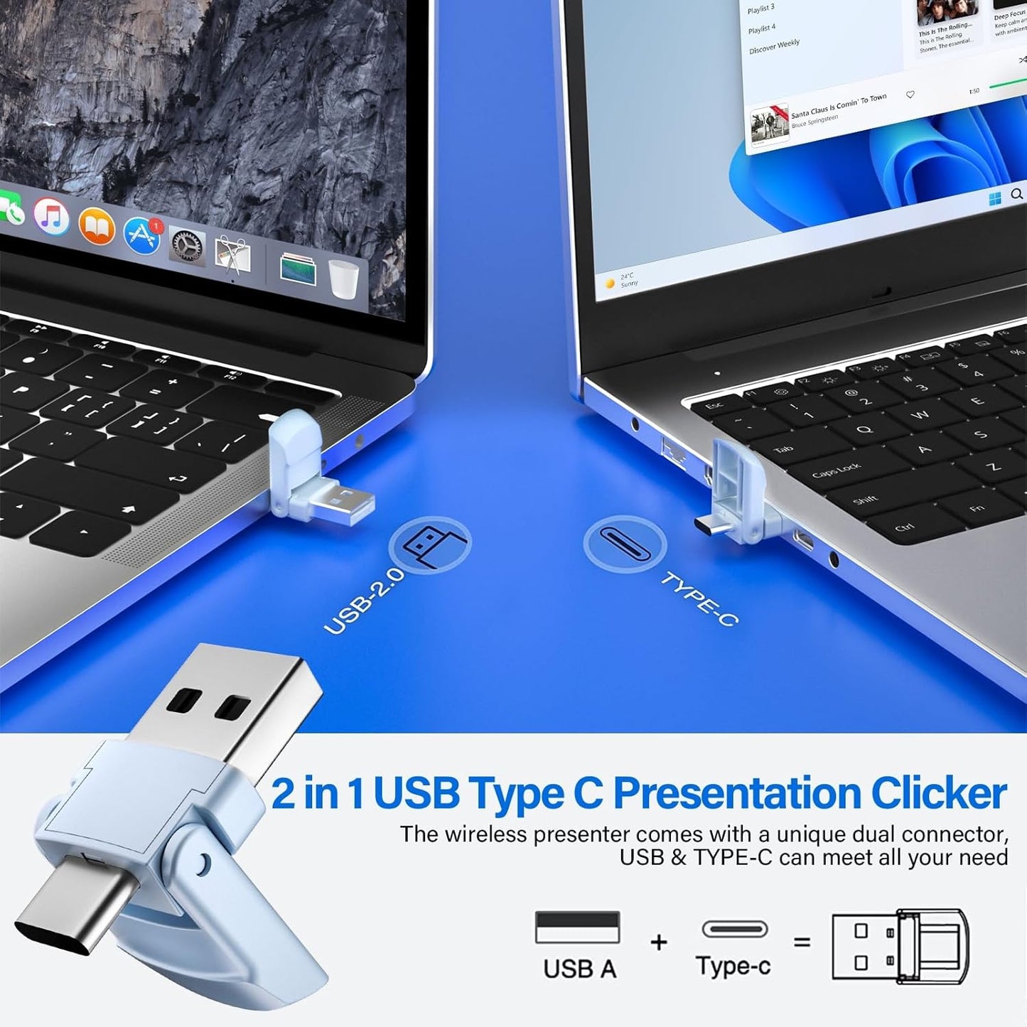 2-in-1 USB Type C Presentation Clicker, Wireless Presentation Clicker PowerPoint Presenter Remote with Volume Control, Powerpoint Clicker with Slide Advancer for Computer/Laptop/Mac,Pink