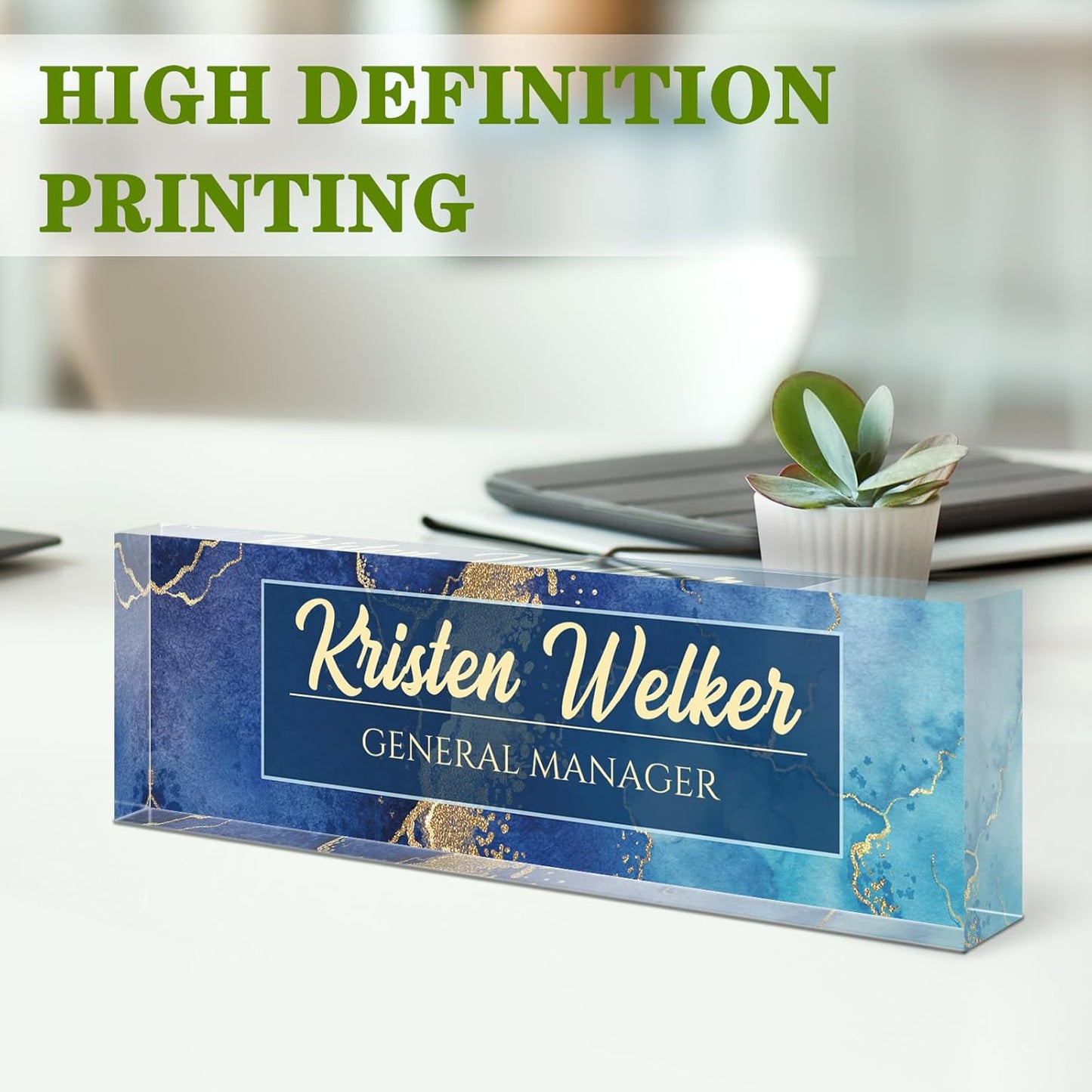 Name Plate for Desk, Desk Name Plate Personalized, Blue Office Decor for Women Men, Acrylic Desktop Accessories, Office Gifts for Boss Nurse Teacher Coworker, Employee Appreciation Gift (Blue Coast)