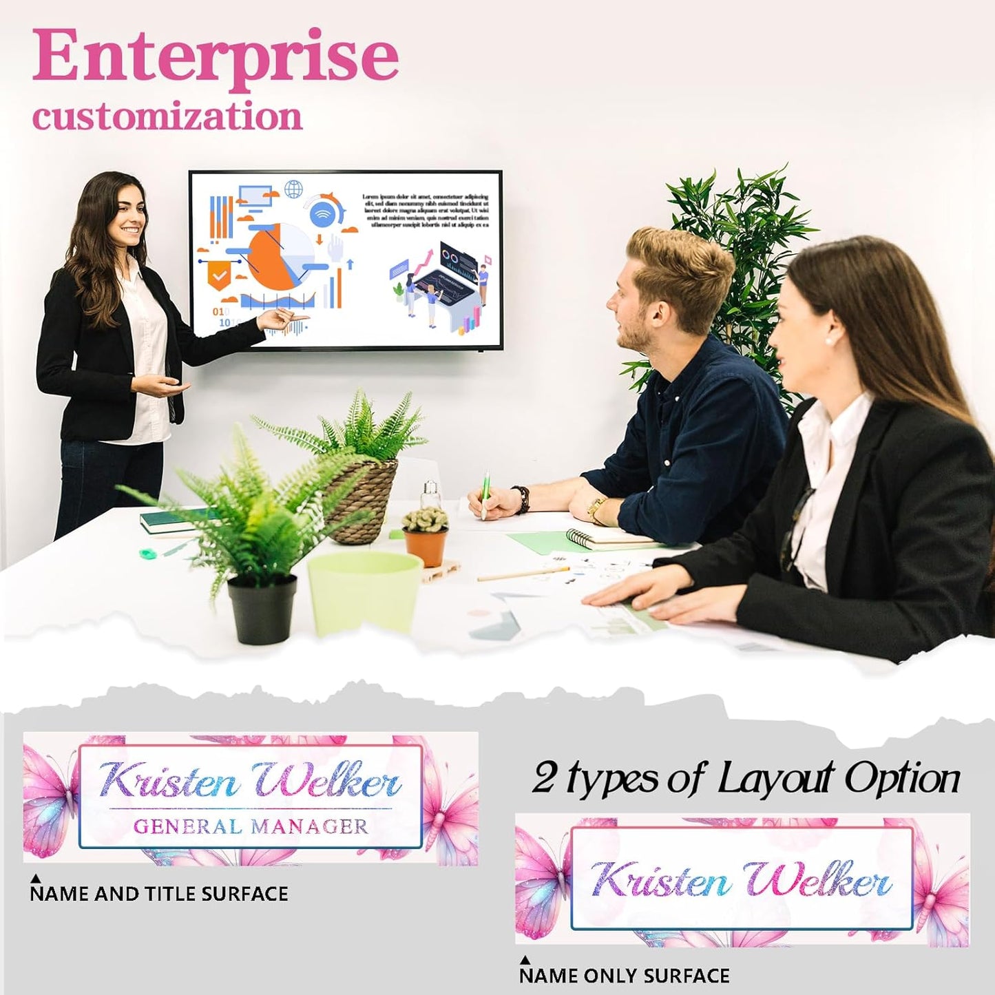 Personalized Name Plate for Desk - Custom Engraved Name Plates for Man - Boss Day Gifts for Boss - Acrylic Office Decor Appreciation Gifts for Teacher Nurse Coworker Social Worker (Pink Butterfly)