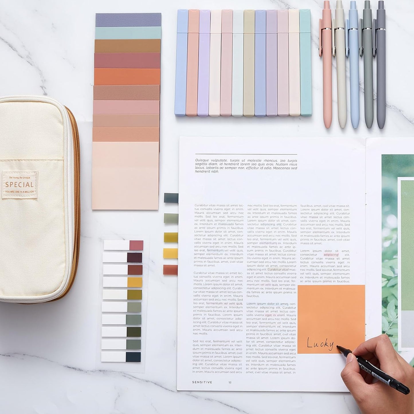 Jutom 39 Pcs Aesthetic Book Annotation Kit Highlighter with Pencil Case Bag Gel Pen Transparent Sticky Note Taking Bible Study College School Supplies(Khaki,Cute Style)