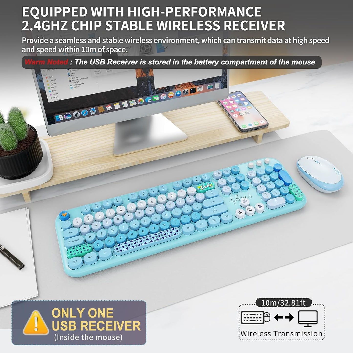 FOPETT Wireless Keyboard and Mouse Combo - 2.4G Full-Sized Cute Colorful Retro Keyboard with Round Keycaps 104 Keys Typewriter Keyboard for Laptop/Windows/PC-Blue Colorful