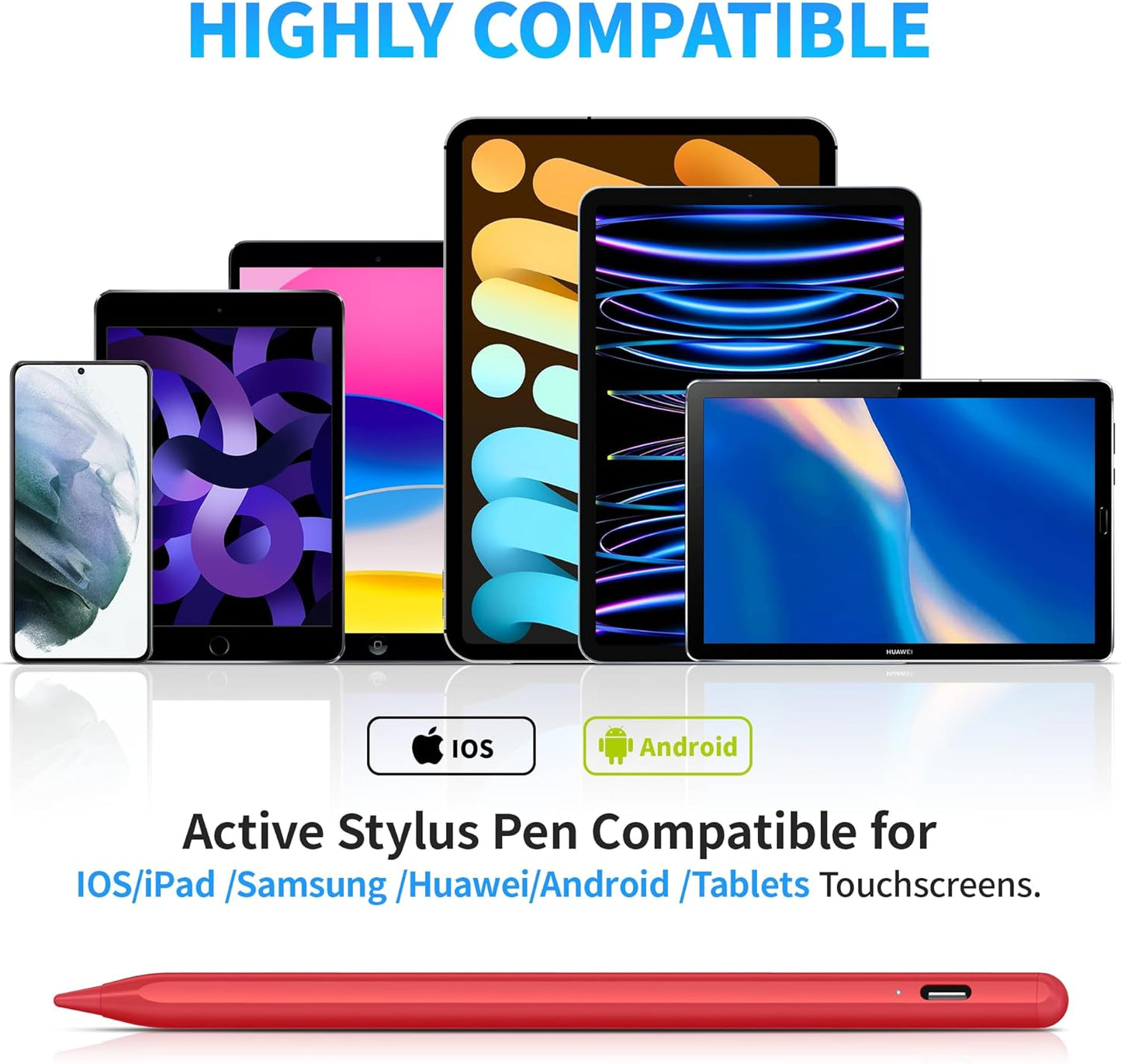 DRYMOKINI Stylus Pen for Touchscreen, Active Stylus Pen Compatible for Android and iOS Tablet/Phones, Rechargeable Universal Stylist Pencil Compatible for A-pple/i-Pad/Phone Tablet, Red