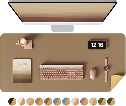 YSAGi Double-Sided Desk Pad, 35.4"x17"Leather Desk Mat, Eco Cork Desk Pad Protector,Large Mouse Pad,Waterproof Desk Blotter for Office/Home(Khaki)