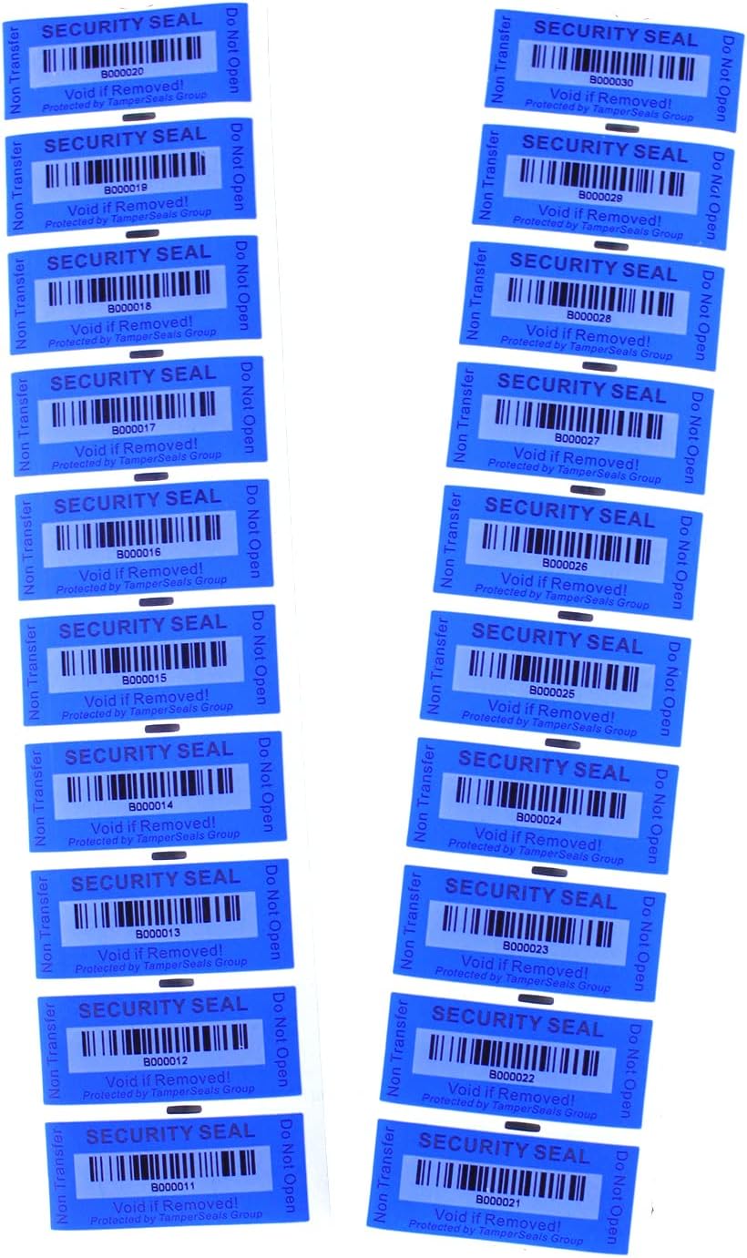 100pcs 25x60mm Blue Non-Transfer Tamper Evident Security Void Stickers/Labels/Seals with A Barcode for Reusable Package or Expensive Surface